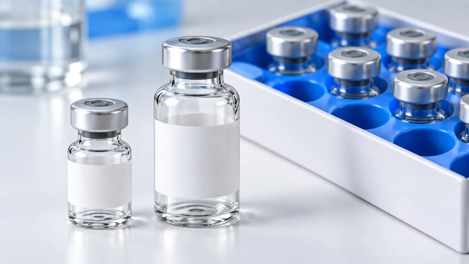 Two sizes of unlabelled laboratory vial beside a blue vial tray