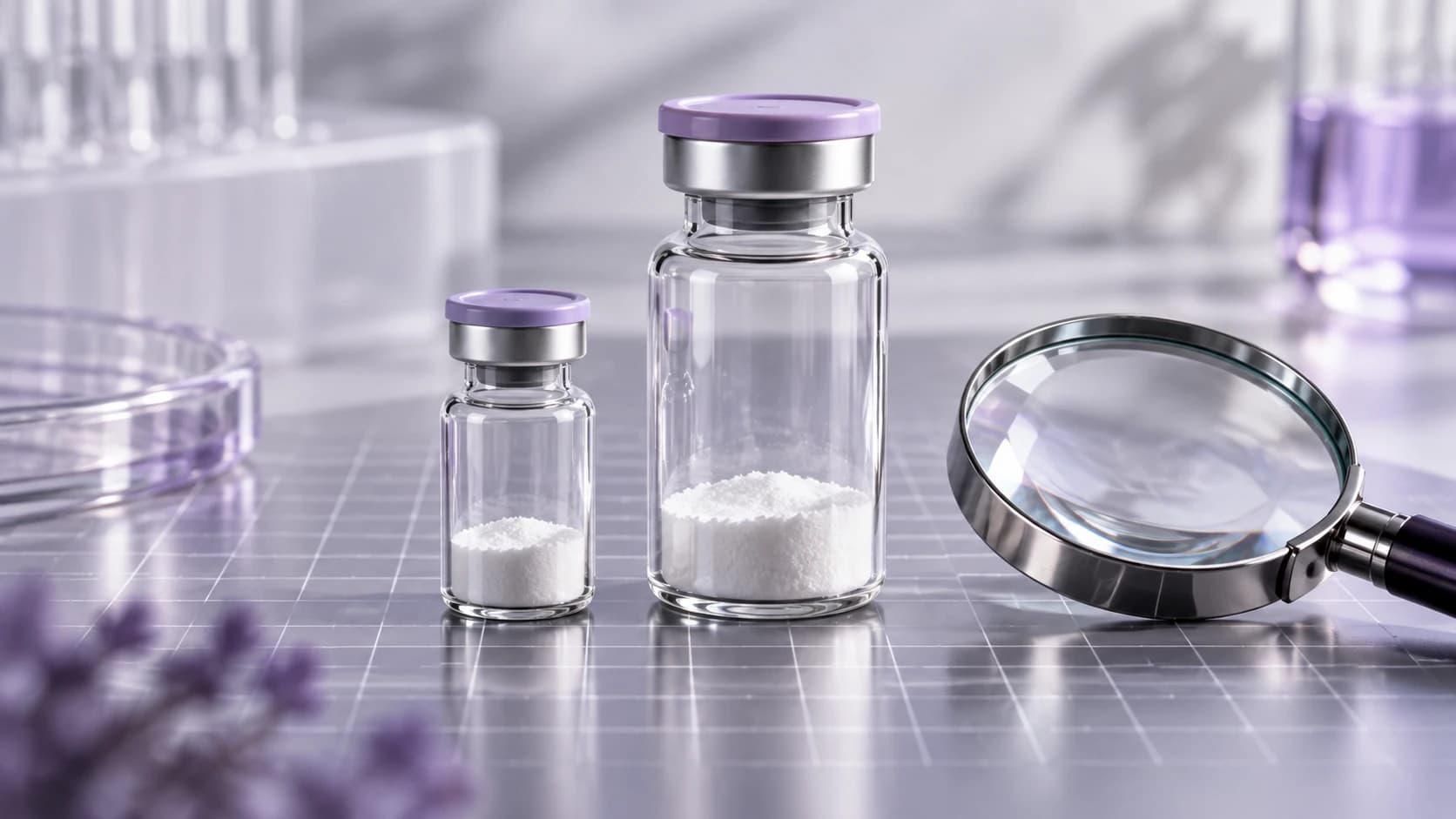 Two different-sized research vials beside a magnifying lens