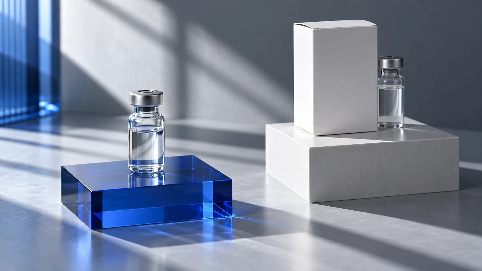 A sealed research vial and an anonymous medicine carton displayed separately under blue laboratory lighting.