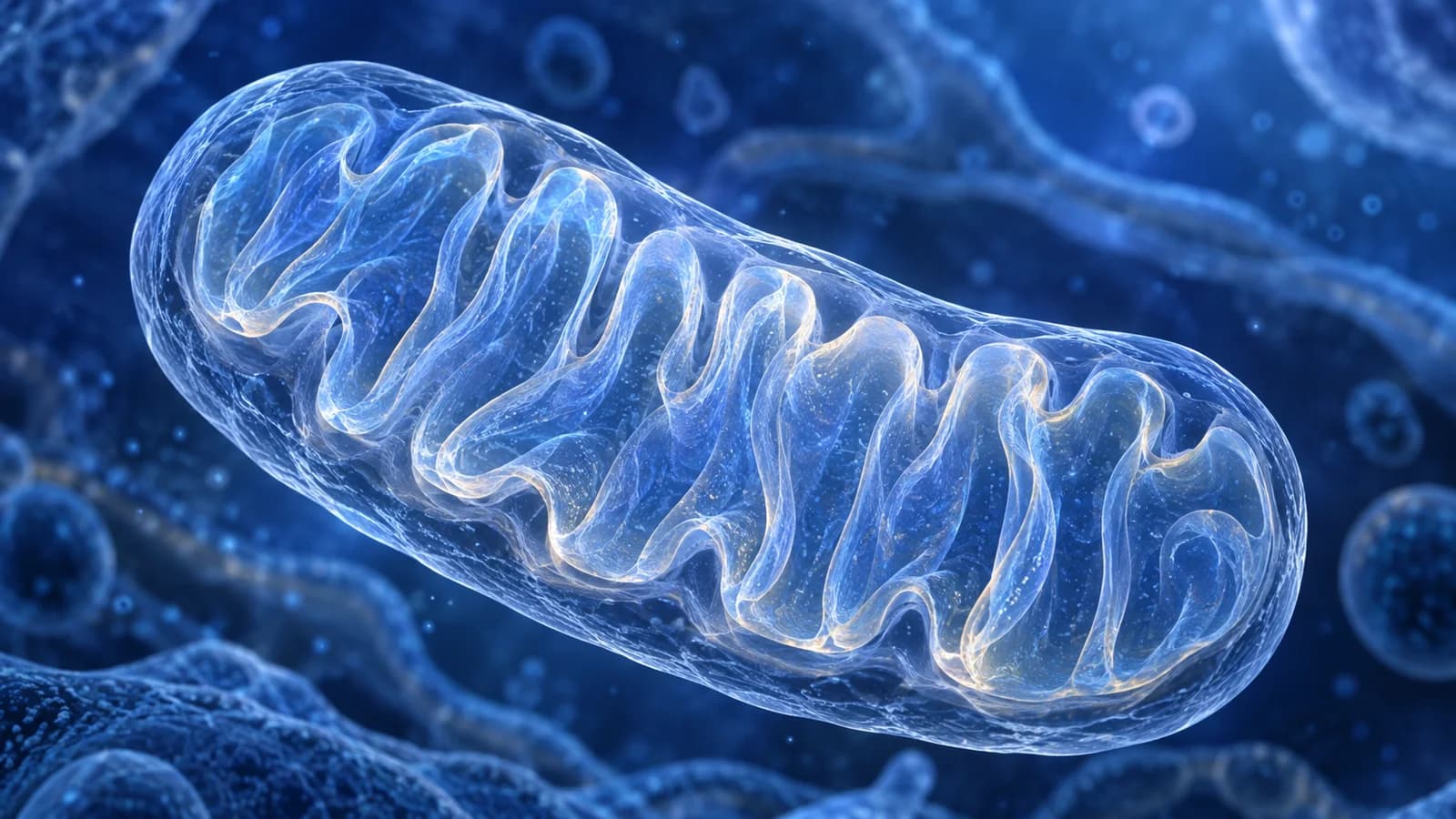 Conceptual illustration of a mitochondrion with folded inner membranes in a blue cellular environment