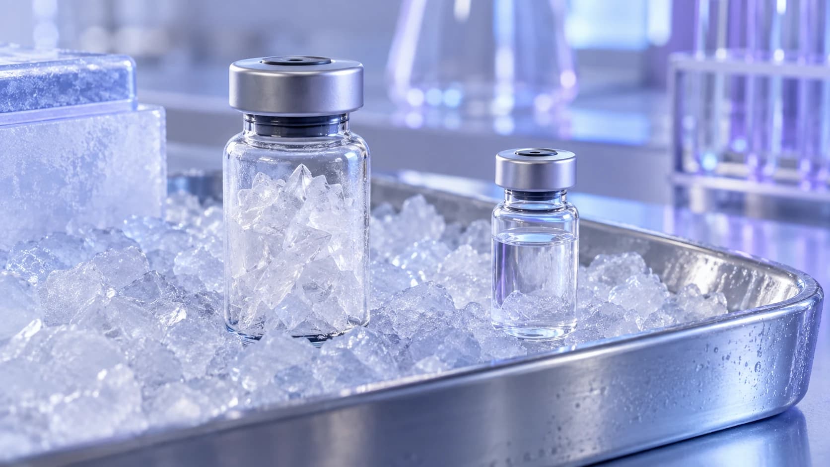 Laboratory sample vials beside chilled glassware illustrating storage observations