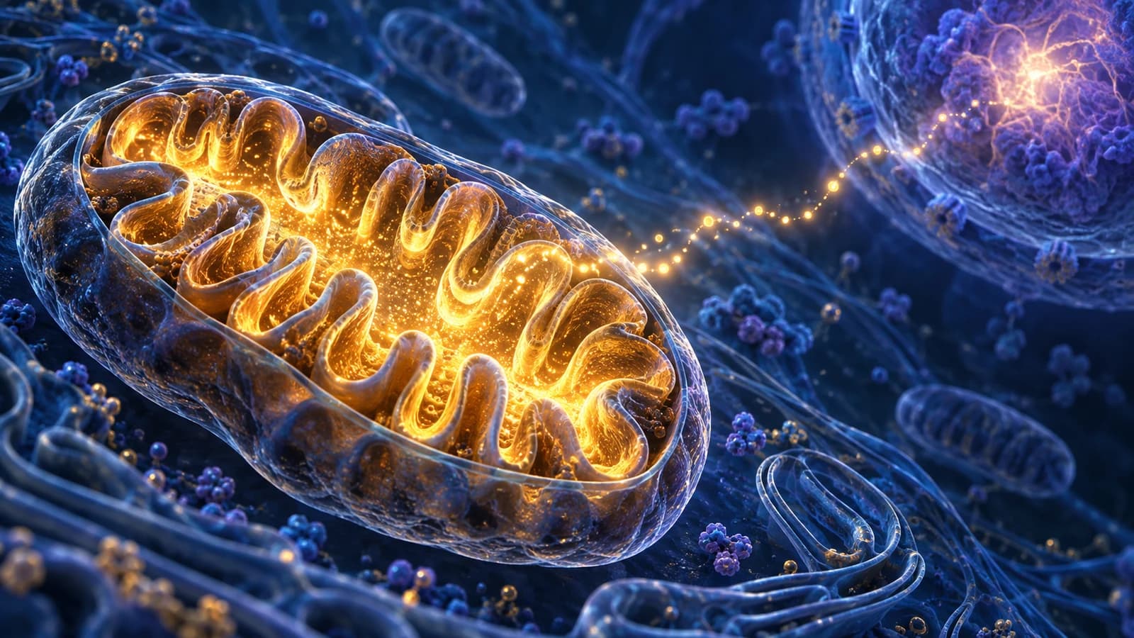 Conceptual mitochondrion with illuminated cristae and a signal extending toward a nucleus