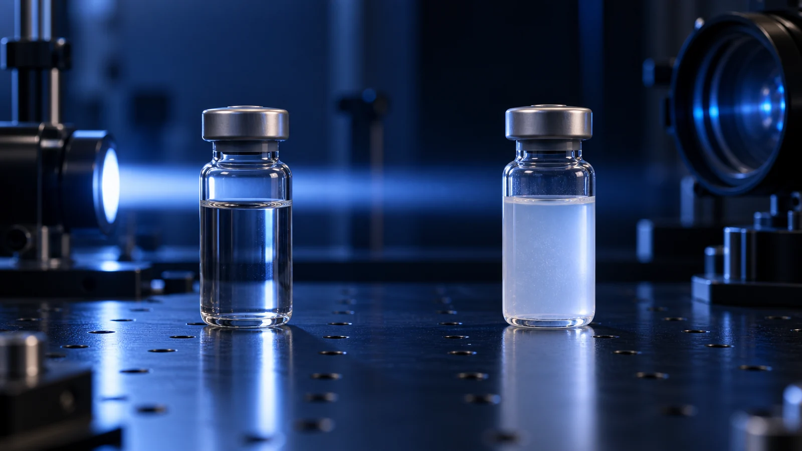 Backlit clear and cloudy laboratory sample vials beside an optical inspection light in a blue laboratory.